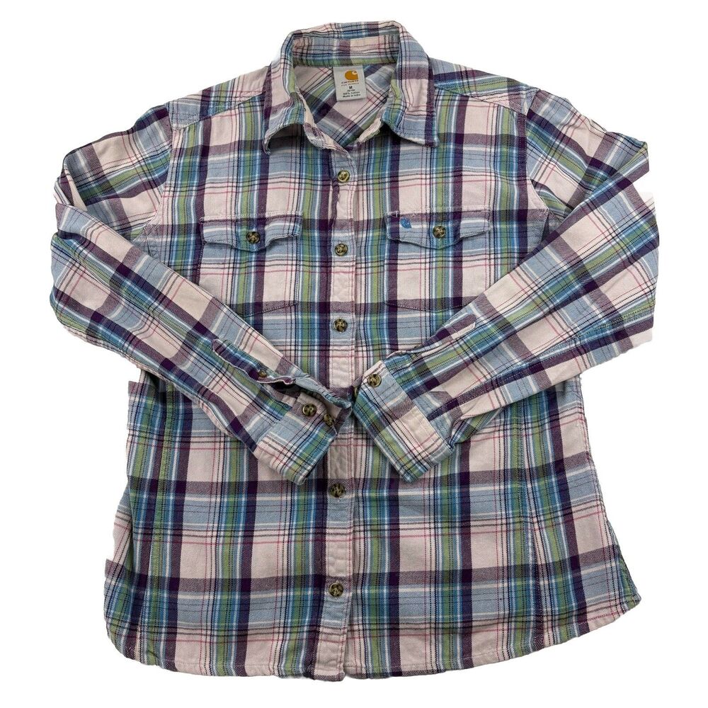 Carhartt Button Up Shirt Womens M 8/10 Pink Blue Green Plaid Long Sleeve